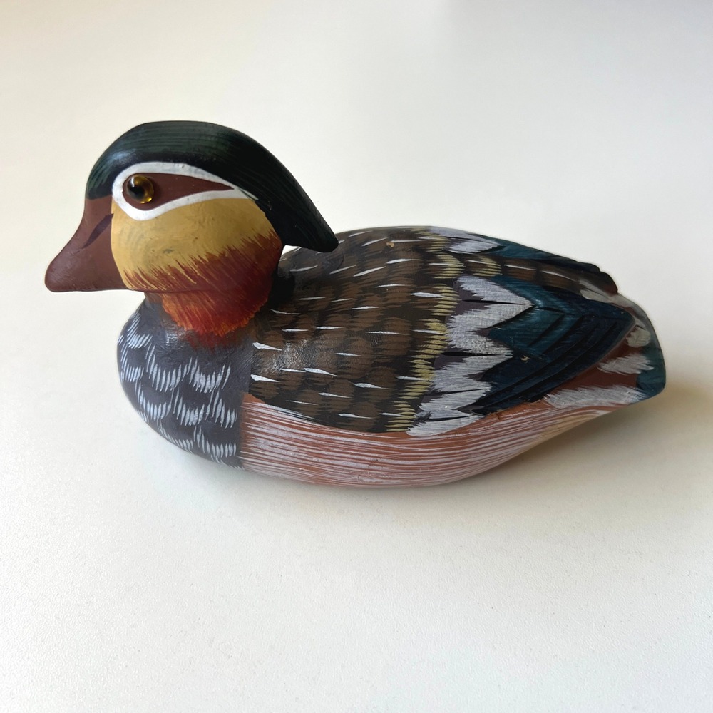 Vintage Hand Carved Wooden Duck Figurine Hand Painted Bird Rustic Cabin Decor